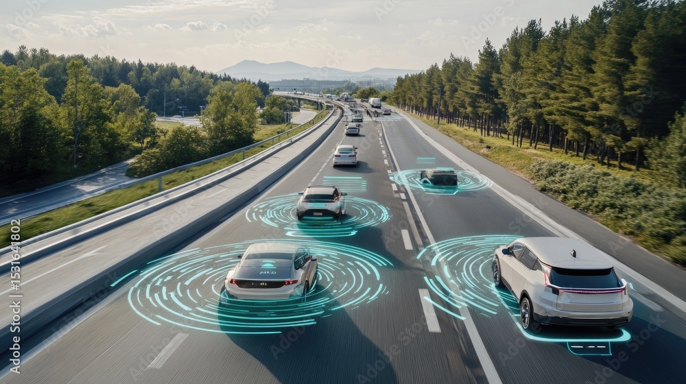 Poster autonomous vehicle fleet visual managed by central software showing route updates