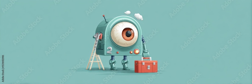 Poster tiny robot humorously repairing cartoon eye while holding toolbox in playful mechanical workshop set