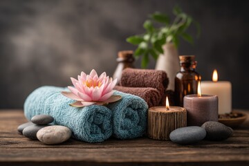 Spa setting with towels, lotus, candles, and stones