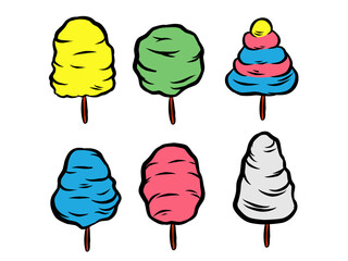 Set of hand drawn colored cotton candy Collection of colored sugar cotton vector
