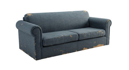 Old blue fabric sofa with scratches and worn areas isolated on transparent background