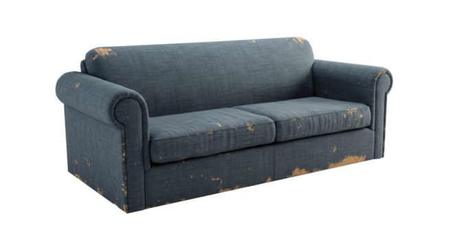 Old blue fabric sofa with scratches and worn areas isolated on transparent background
