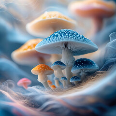 Fantasy mushrooms in soft mist. Dreamlike fungi in vivid blue and pastel hues in an enchanted forest setting.