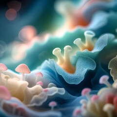 Colorful surreal fungi with coral textures. Fantasy forest scene blending organic forms and soft lighting.