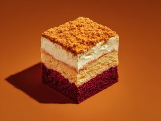 Close-up of a delicious layered sponge cake with cream and chocolate on a flat surface with warm background