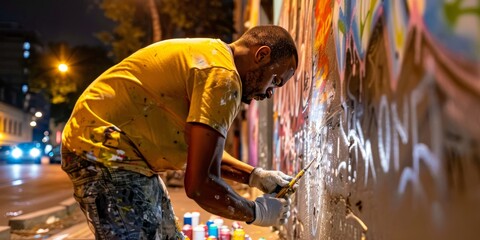 Street artist painting graffiti on wall at night