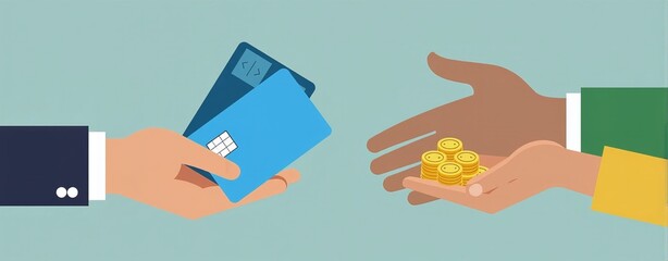 Two hands face each other holding coins and chip card, cash or card payment preference
