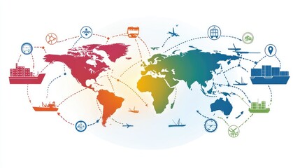Obraz premium Global logistics graphic with transport icons connecting continents via air, road, and sea