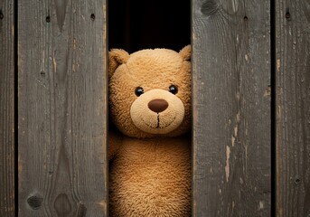 Teddy Bear Peeking Through Wooden Planks. Generative Ai