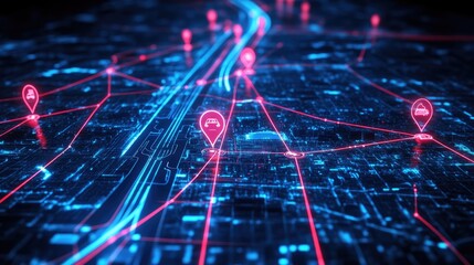 GPS-enabled transportation service interface showing delivery route optimization across a digital city map