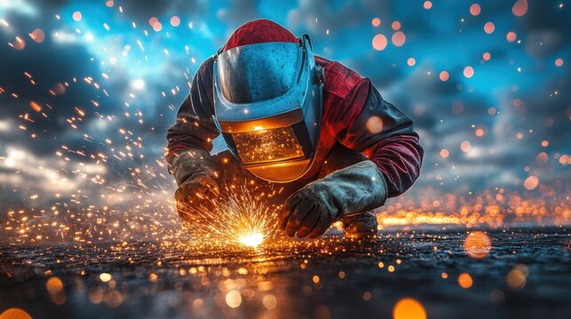 Welder Crouching with Welding Helmet and Sparks