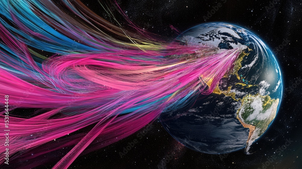 Poster high-resolution rendering of global trade flow with color-coded transport modes over earth