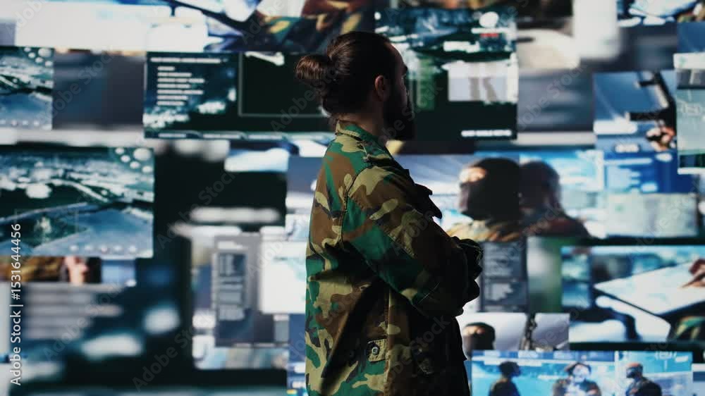 Poster young soldier working in command center with satellite surveillance integrating data, intelligence a