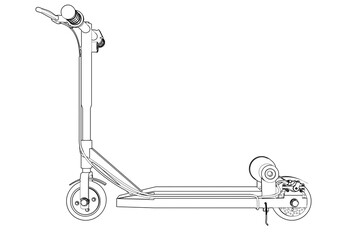 e-scooter Electric Scooter Technical Drawing Illustration - Blueprint Style Line Art for Urban Mobility and Engineering Design - Monochrome Outline Schematic Diagram for Modern Vehicle Technology 