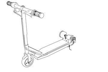 e-scooter Electric Scooter Technical Drawing Illustration - Blueprint Style Line Art for Urban Mobility and Engineering Design - Monochrome Outline Schematic Diagram for Modern Vehicle Technology 