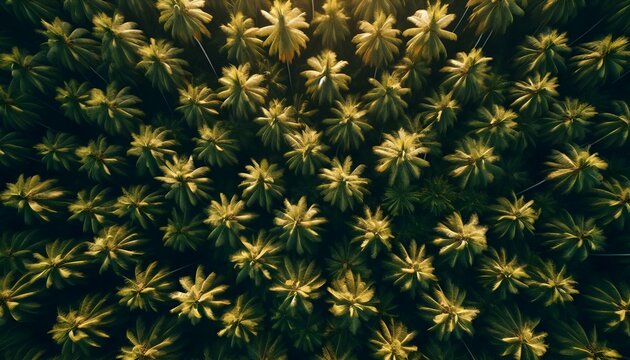 Tropical island forest of coconut trees seen from above with vibrant green symmetry and rich natural lighting - Powered by Adobe