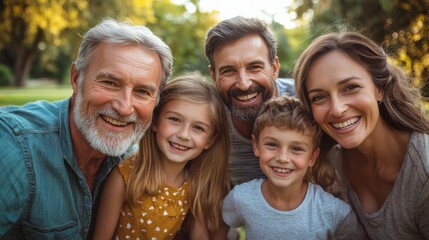 Obraz premium Multigenerational Family Portrait Smiling Outdoors in a Sunny Park - Joyful Togetherness and Happiness