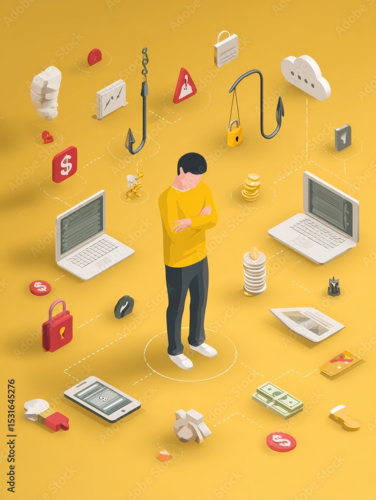 Poster user surrounded by scam icons reflects on phishing threats in a digital landscape filled with alerts