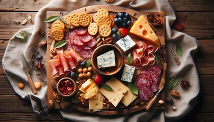 Delicious charcuterie selection on wood surface includes sliced meats, cheese wedges, and crackers in gourmet layout
