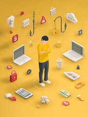 User Surrounded by Scam Icons Reflects on Phishing Threats in a Digital Landscape Filled With Alerts and Warnings