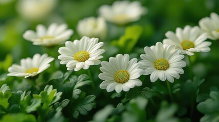 Fototapeta premium Beautiful Close-up of White Daisies on Lush Green Background, Perfect for Floral Designs and Spring Themes