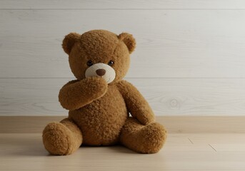 Obraz premium Adorable Brown Teddy Bear Sitting on Light Wood Floor. Generative Ai