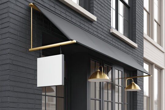 Urban storefront with black awning and white sign