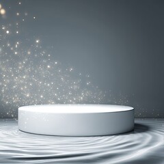 Empty white pedestal, shimmering particles