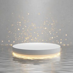 White circular podium, glowing, on water, with golden glitter