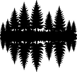 Fototapeta premium Mountain Lake Silhouette: A minimalist black and white illustration of a serene mountain lake scene, with evergreen trees and majestic mountains reflected in the still water