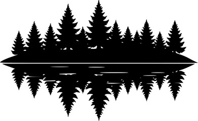 Fototapeta premium Mountain Lake Silhouette: A minimalist black and white illustration of a serene mountain lake scene, with evergreen trees and majestic mountains reflected in the still water