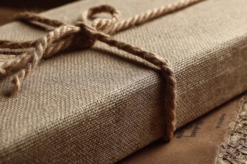Close-up of a wrapped gift box.  Tan fabric box tied with natural twine
