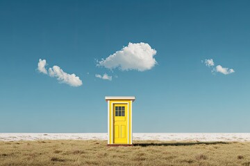 Small yellow door house on a vast plain under a bright sky