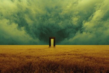Dark doorway in golden field, stormy sky