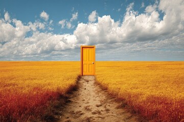 A vibrant yellow door stands sentinel in a golden field, a path leading to it under a partly cloudy sky