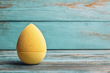Yellow makeup sponge on teal wood