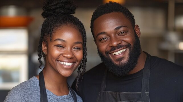 Smiling Young Black Couple in Aprons at Coffee Shop with Warm Lighting