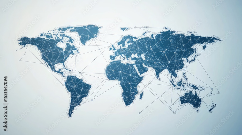 Poster simplified world map with lines and arrows representing international supply chain flows