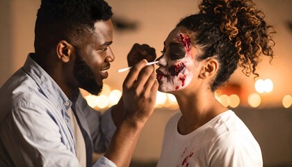 African American Man Applying Gory Zombie Halloween Makeup to Young Woman's Face for Party Preparation