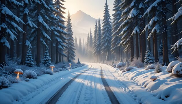 Snowy forest path lit by mushroom lamps