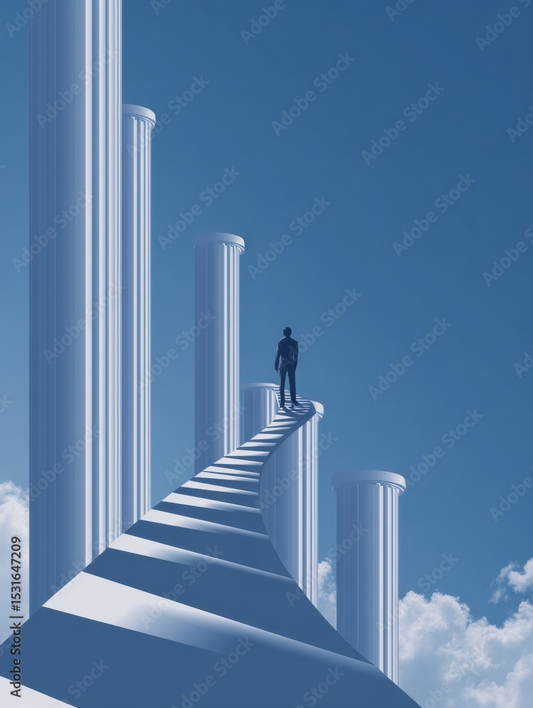 Poster Exploring the Five Pillars of Personal Development Through a Metaphorical Journey in a Bright, Cloud-Filled Sky