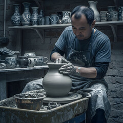 An adult male artisan, covered in clay, intently works on a pottery wheel, shaping a large vase. Generative AI.