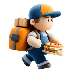Cartoon Delivery Boy Character Carrying Pizza and Boxes on transparent Background