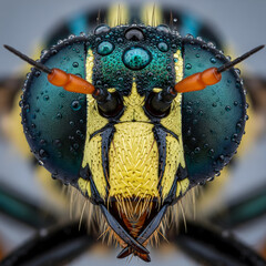 An extreme close-up of an insect's head, showing intricate teal and yellow patterns, compound eyes, antennae, and many water droplets. Generative AI.