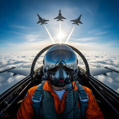 A military pilot, seen from behind in a cockpit, overlooks three fighter jets flying above clouds into the sun. Generative AI.