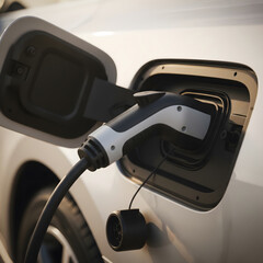 A close-up of a white electric vehicle charging cable plugged into a car's charging port. Generative AI.