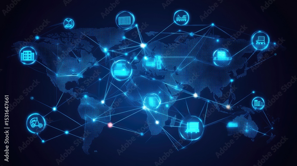 Poster stylized trade map showing active logistics channels between continents using icons