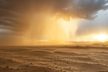 Desert Storm capturing the danger of a sand avalanche advancing through the arid desert, with rain and thunder, leaving sufficient copy space for text or messages