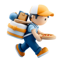 Cartoon delivery boy carrying pizza and various packages in a 3D rendered image