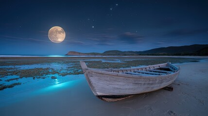 Serene Night Beach with Full Moon Reflection, Wooden Boat, Glowing Water and Starry Sky Landscape